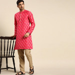 Men Magenta Pink & Golden Floral Printed Thread Work Floral Kurta