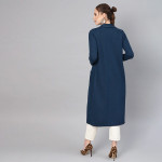 Women Teal Blue Longline Solid Open Front Winter Shrug