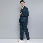 Men Navy Blue & White Printed Pure Cotton Night suit