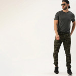 Men Olive Green Camouflage Printed Slim Fit Joggers Trousers